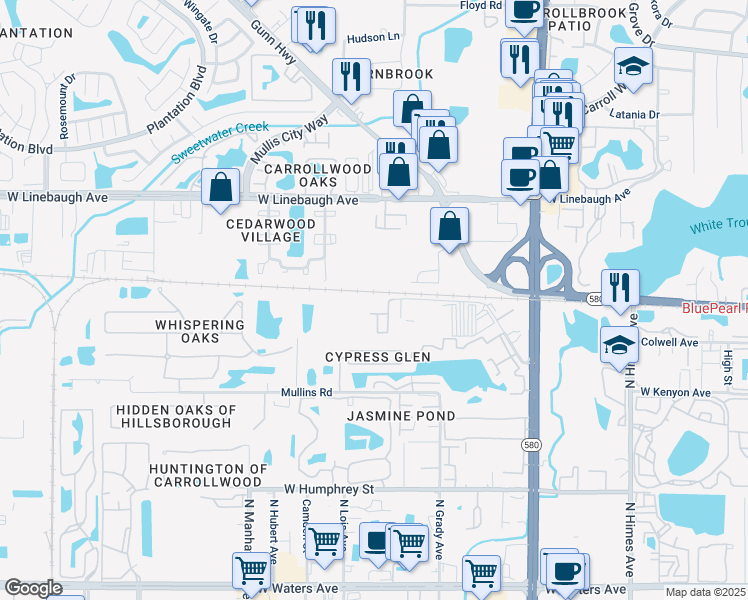 map of restaurants, bars, coffee shops, grocery stores, and more near 9501 Lazy Lane in Tampa