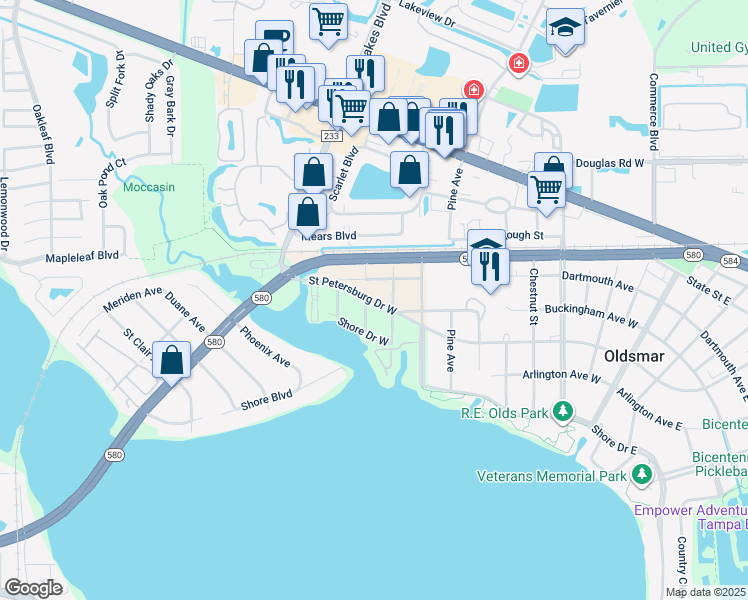 map of restaurants, bars, coffee shops, grocery stores, and more near 900 Saint Petersburg Drive West in Oldsmar