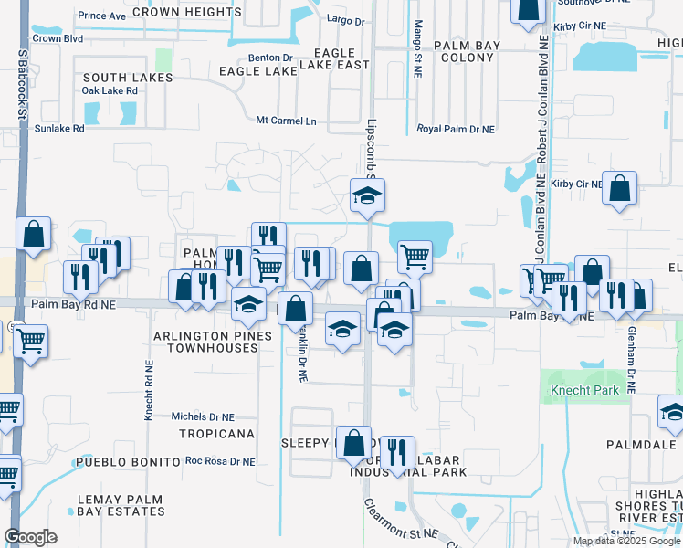 map of restaurants, bars, coffee shops, grocery stores, and more near 1300 Woodlake Drive Northeast in Palm Bay