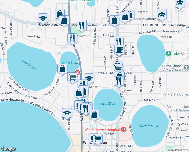 map of restaurants, bars, coffee shops, grocery stores, and more near 338 Avenue O Northwest in Winter Haven