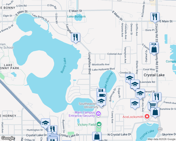 map of restaurants, bars, coffee shops, grocery stores, and more near 2043 Irving Street in Lakeland