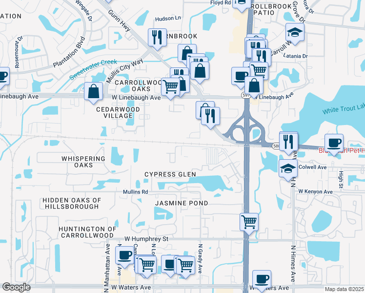 map of restaurants, bars, coffee shops, grocery stores, and more near 9426 Lazy Lane in Tampa
