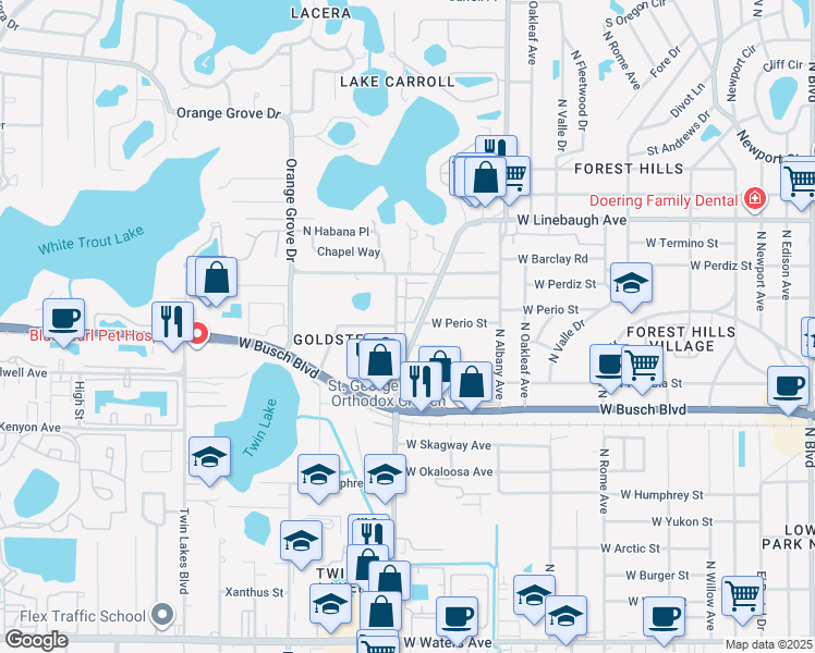 map of restaurants, bars, coffee shops, grocery stores, and more near 9505 Citrus Glen Place in Tampa