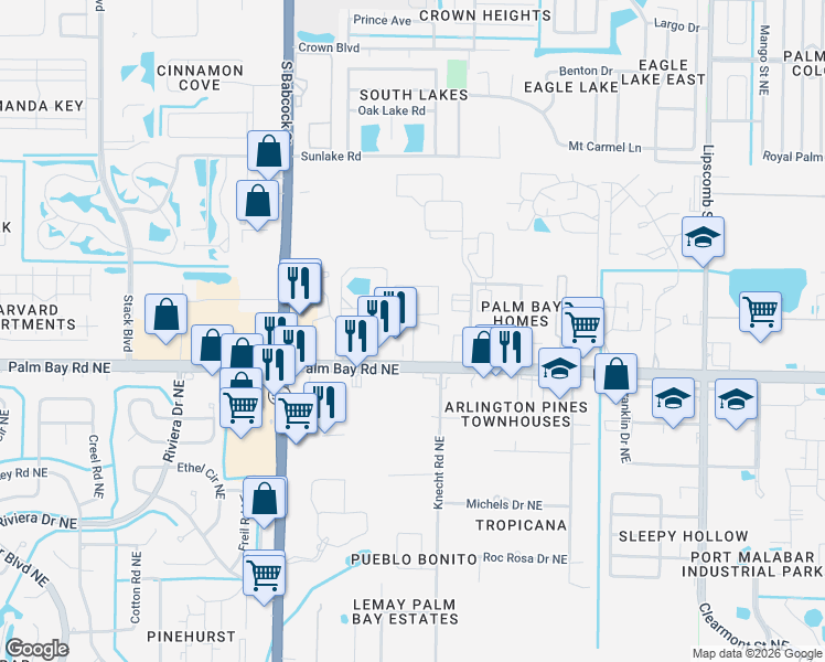 map of restaurants, bars, coffee shops, grocery stores, and more near 1635 Monterey Drive in Palm Bay