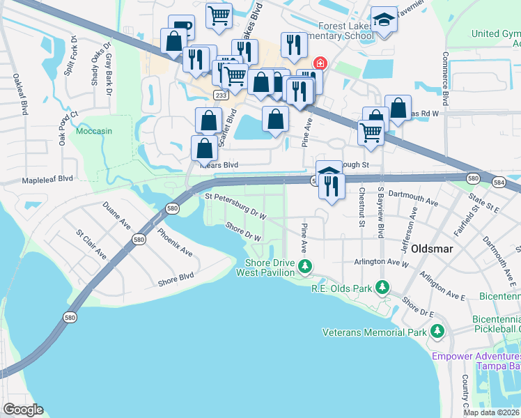 map of restaurants, bars, coffee shops, grocery stores, and more near 800 Saint Petersburg Drive West in Oldsmar