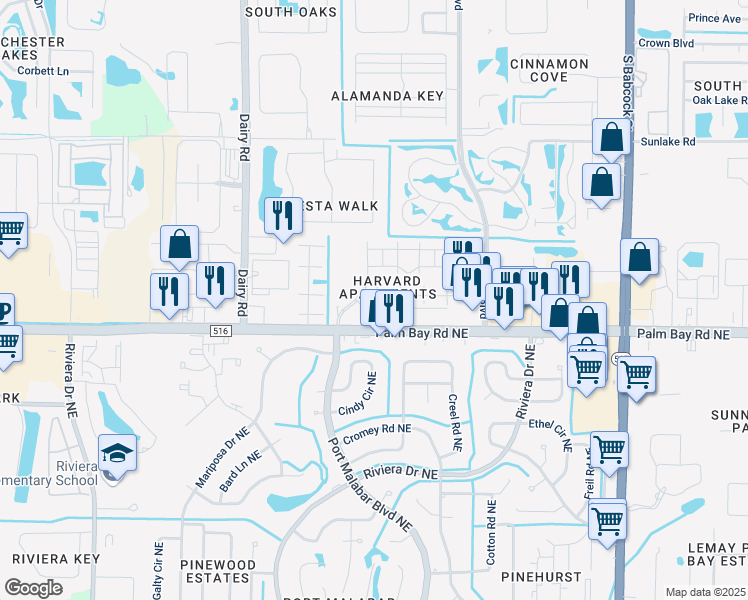map of restaurants, bars, coffee shops, grocery stores, and more near 695 Short Hills Lane in Melbourne