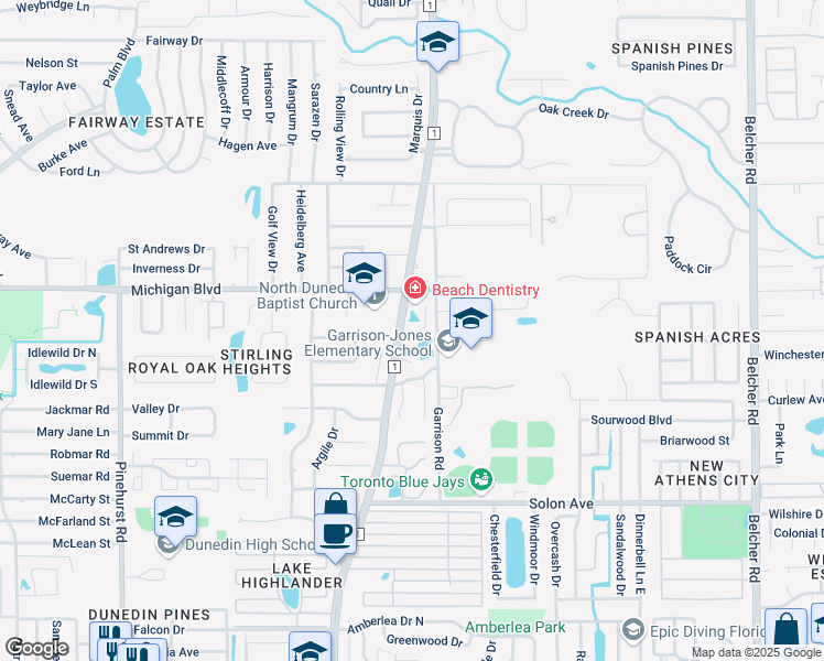 map of restaurants, bars, coffee shops, grocery stores, and more near 2045 Hunters Glen Drive in Dunedin