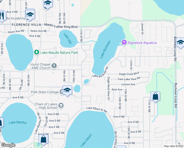 map of restaurants, bars, coffee shops, grocery stores, and more near 604 Country Lane Northeast in Winter Haven