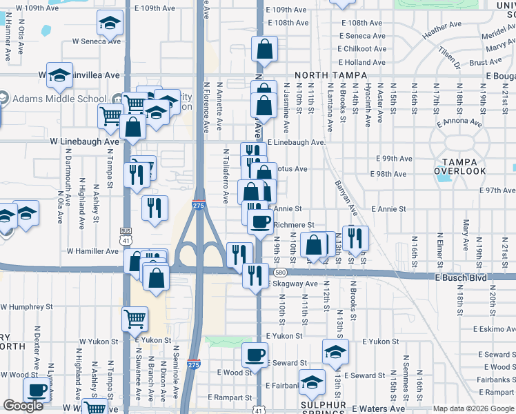map of restaurants, bars, coffee shops, grocery stores, and more near 898 East Annie Street in Tampa