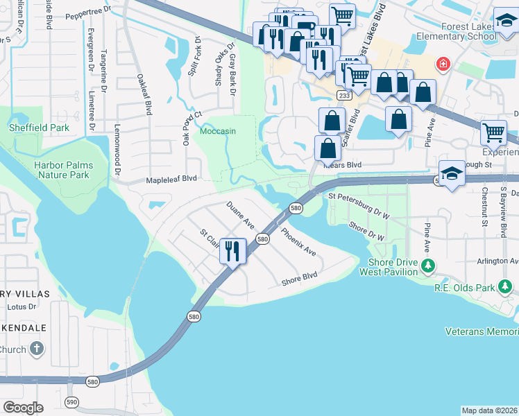 map of restaurants, bars, coffee shops, grocery stores, and more near 3160 Phoenix Avenue in Oldsmar