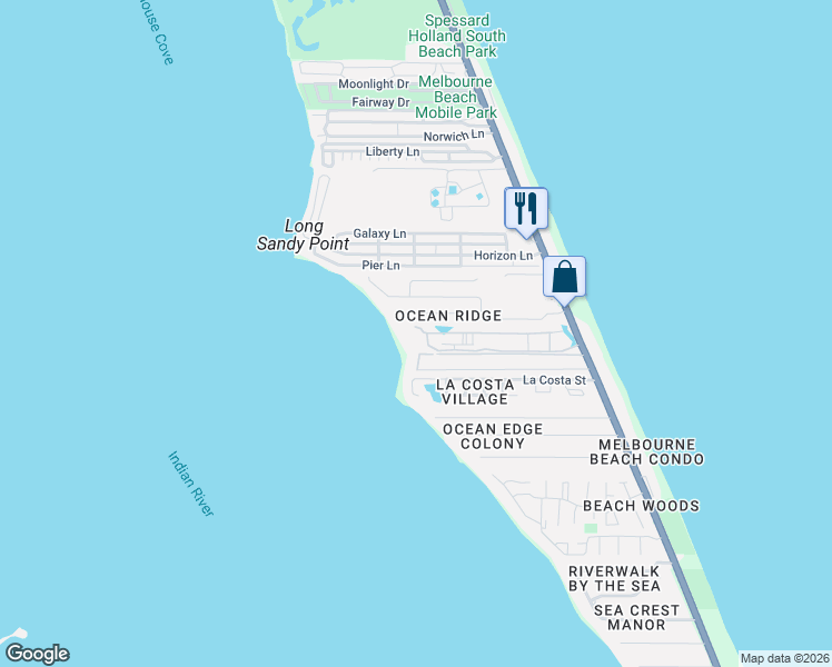 map of restaurants, bars, coffee shops, grocery stores, and more near 191 Ocean Ridge Drive in Melbourne Beach