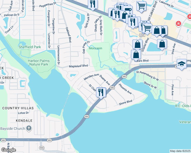 map of restaurants, bars, coffee shops, grocery stores, and more near 3653 Meriden Avenue in Oldsmar