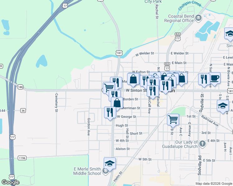 map of restaurants, bars, coffee shops, grocery stores, and more near 523 West Sinton Street in Sinton