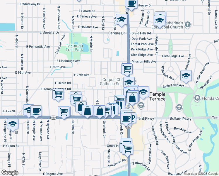 map of restaurants, bars, coffee shops, grocery stores, and more near 5306 Temple Heights Road in Temple Terrace