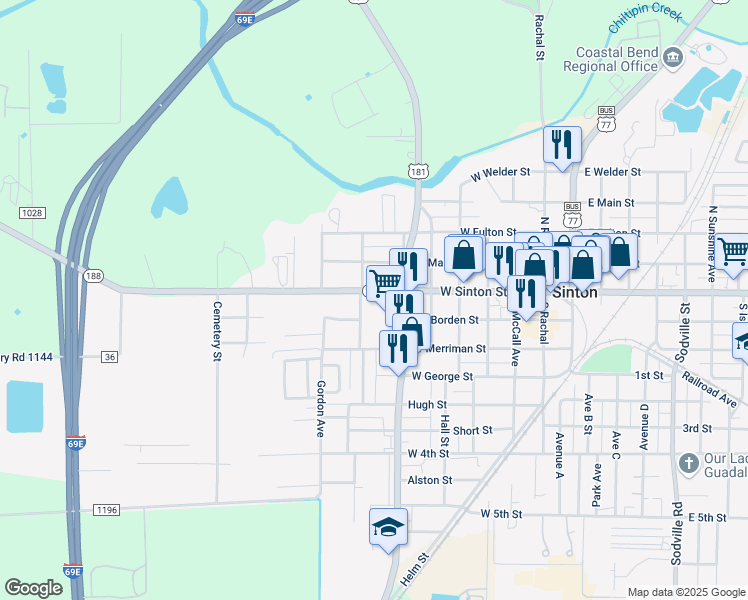 map of restaurants, bars, coffee shops, grocery stores, and more near 627 West Sinton Street in Sinton