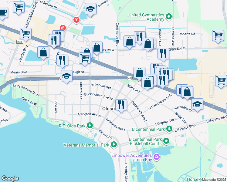 map of restaurants, bars, coffee shops, grocery stores, and more near 301 Exeter Street in Oldsmar