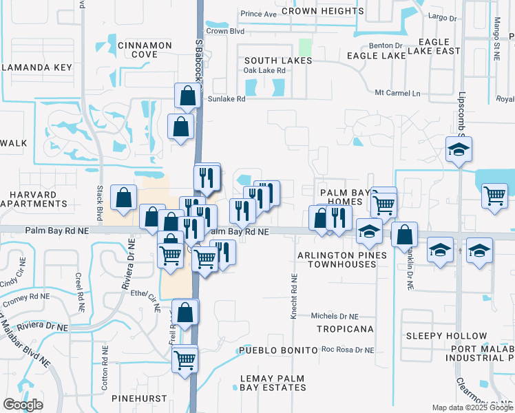 map of restaurants, bars, coffee shops, grocery stores, and more near 1540 Skippers Way Northeast in Palm Bay