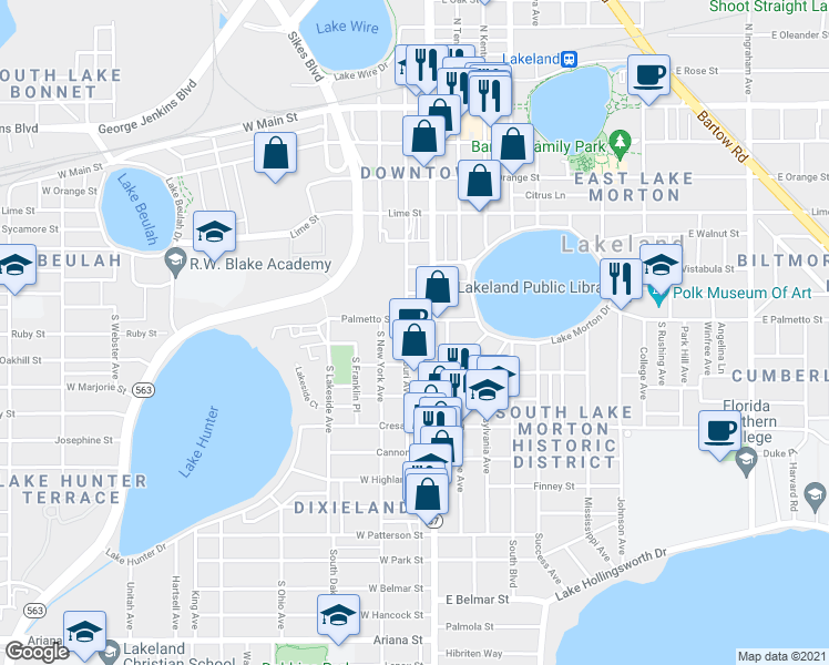map of restaurants, bars, coffee shops, grocery stores, and more near 707 South Missouri Avenue in Lakeland