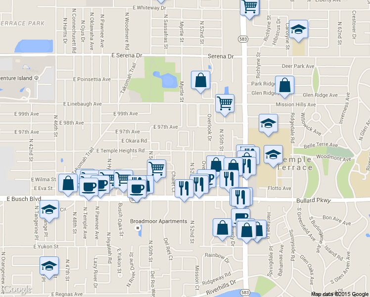 map of restaurants, bars, coffee shops, grocery stores, and more near 5114 Temple Heights Road in Tampa