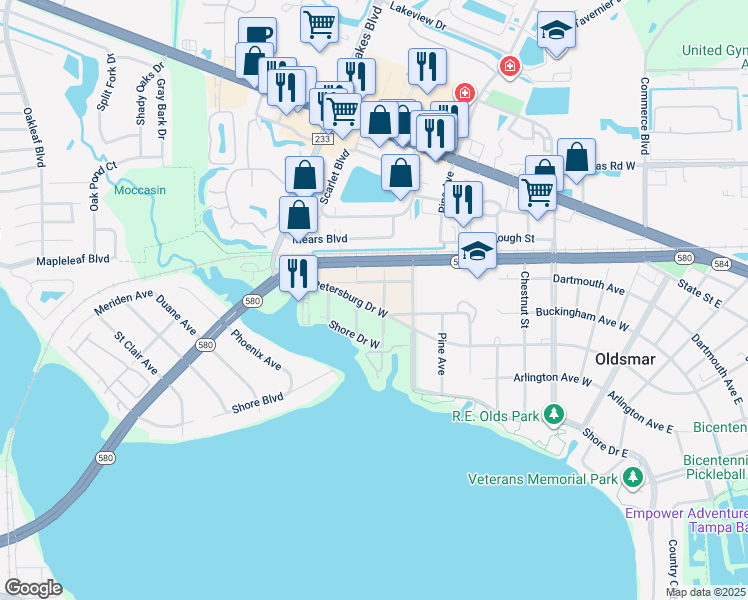 map of restaurants, bars, coffee shops, grocery stores, and more near 304 Woodward Avenue in Oldsmar
