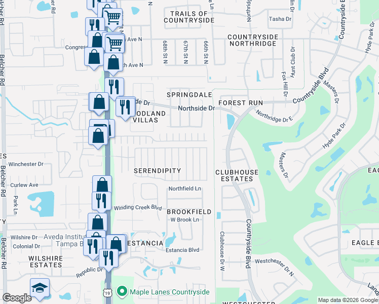 map of restaurants, bars, coffee shops, grocery stores, and more near 308-326 India Drive in Clearwater