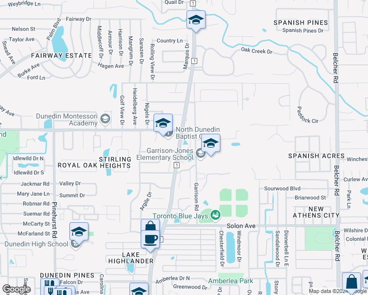 map of restaurants, bars, coffee shops, grocery stores, and more near 508 Hunters Glen Drive in Dunedin