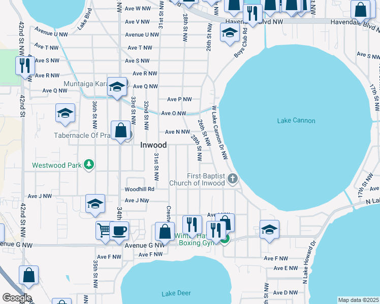 map of restaurants, bars, coffee shops, grocery stores, and more near 1208 29th Street Northwest in Winter Haven