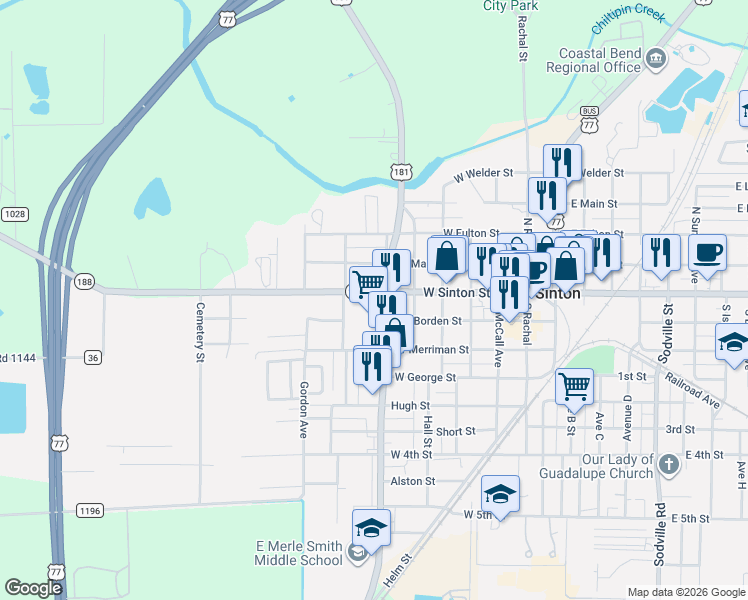 map of restaurants, bars, coffee shops, grocery stores, and more near 523 West Sinton Street in Sinton