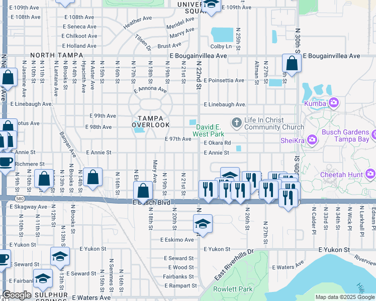 map of restaurants, bars, coffee shops, grocery stores, and more near 2104 East Annie Street in Tampa