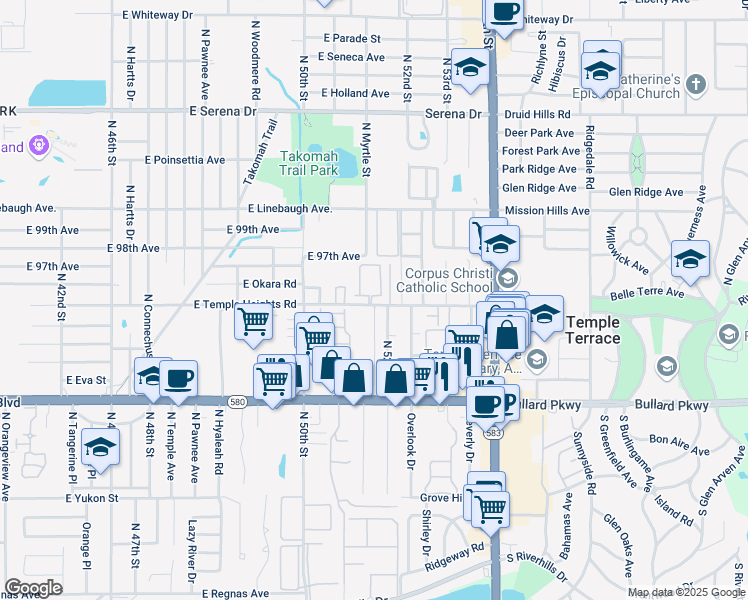 map of restaurants, bars, coffee shops, grocery stores, and more near 5114 Temple Heights Road in Tampa