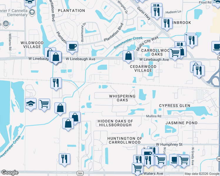 map of restaurants, bars, coffee shops, grocery stores, and more near 9126 Whispering Willow Way in Tampa