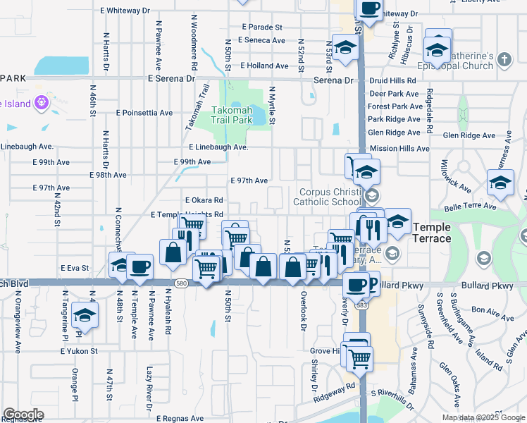 map of restaurants, bars, coffee shops, grocery stores, and more near 5116 Tennis Court Circle in Tampa