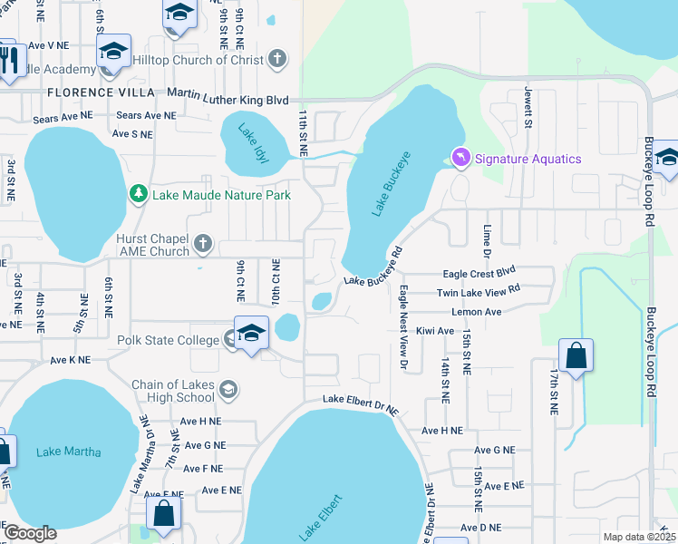 map of restaurants, bars, coffee shops, grocery stores, and more near 606 Country Lane Northeast in Winter Haven