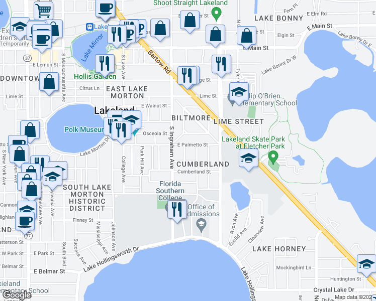 map of restaurants, bars, coffee shops, grocery stores, and more near 710 Wilson Avenue in Lakeland