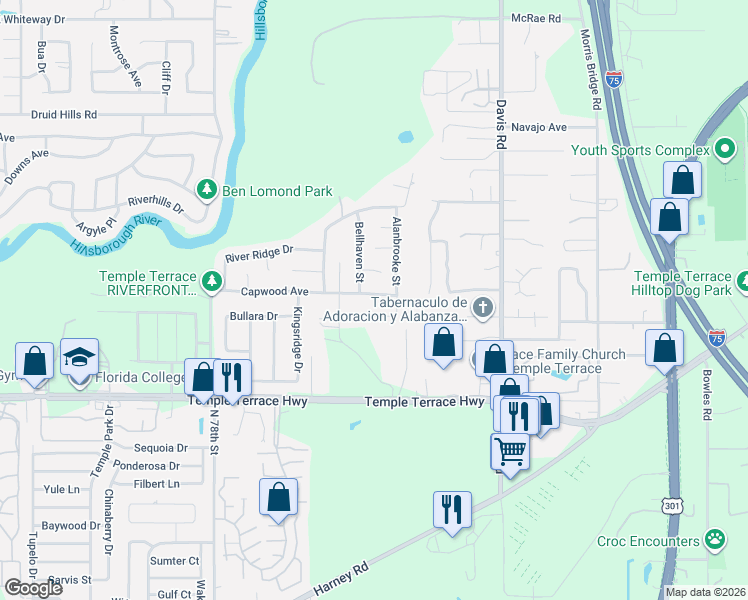 map of restaurants, bars, coffee shops, grocery stores, and more near 8013 Capwood Avenue in Tampa