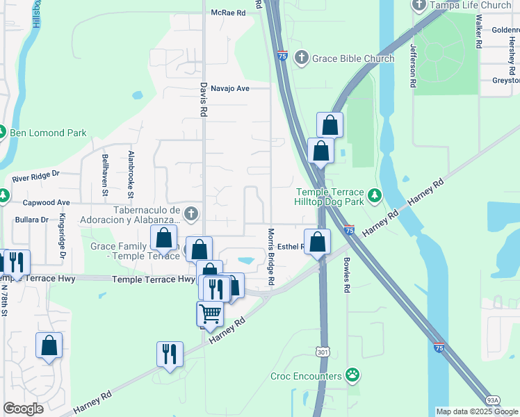 map of restaurants, bars, coffee shops, grocery stores, and more near 9814 Morris Glen Way in Tampa