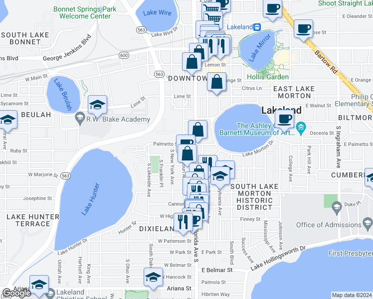 map of restaurants, bars, coffee shops, grocery stores, and more near 712 South Missouri Avenue in Lakeland