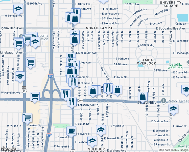map of restaurants, bars, coffee shops, grocery stores, and more near 1106 East Annie Street in Tampa