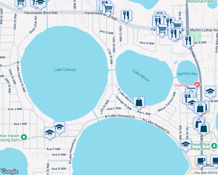 map of restaurants, bars, coffee shops, grocery stores, and more near 1352 East Lake Cannon Drive Northwest in Winter Haven