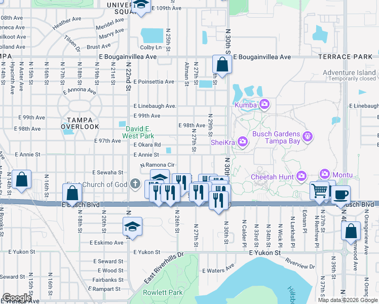 map of restaurants, bars, coffee shops, grocery stores, and more near 2610 East Annie Street in Tampa