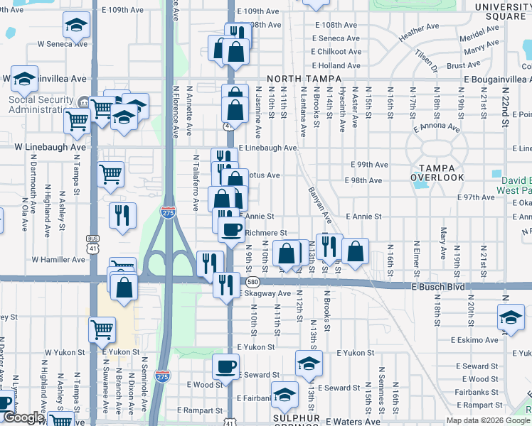 map of restaurants, bars, coffee shops, grocery stores, and more near 920 East Annie Street in Tampa