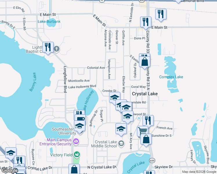 map of restaurants, bars, coffee shops, grocery stores, and more near 609 Hickory Lane in Lakeland