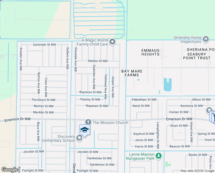 map of restaurants, bars, coffee shops, grocery stores, and more near 1501 Halstead Avenue Northwest in Palm Bay