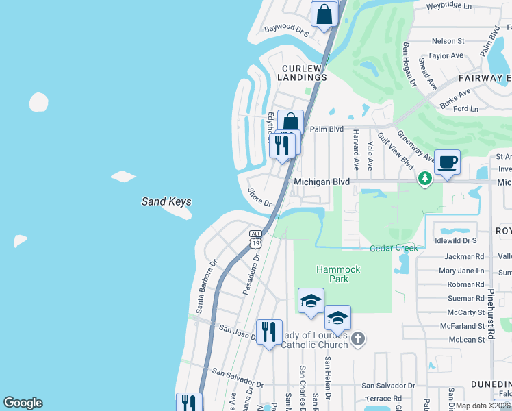 map of restaurants, bars, coffee shops, grocery stores, and more near 101 Shore Drive in Dunedin