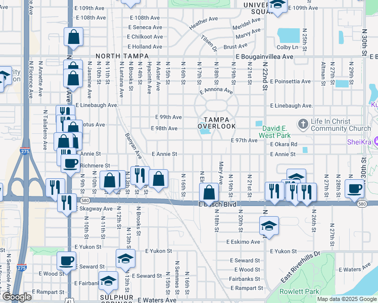 map of restaurants, bars, coffee shops, grocery stores, and more near 1604 East Annie Street in Tampa