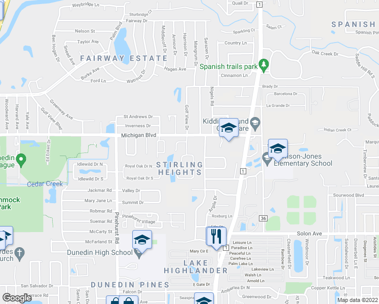 map of restaurants, bars, coffee shops, grocery stores, and more near 1983 Golf View Drive in Dunedin