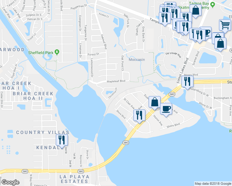 map of restaurants, bars, coffee shops, grocery stores, and more near 842 Christina Circle in Oldsmar