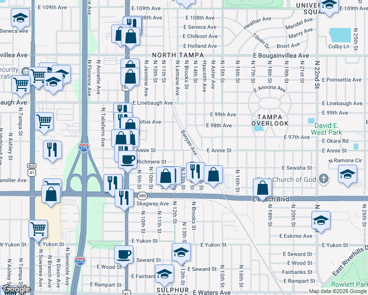 map of restaurants, bars, coffee shops, grocery stores, and more near 1306 East Annie Street in Tampa