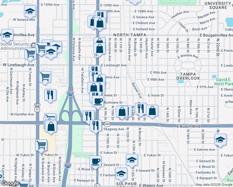 map of restaurants, bars, coffee shops, grocery stores, and more near 920 East Annie Street in Tampa