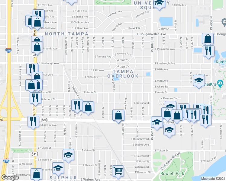 map of restaurants, bars, coffee shops, grocery stores, and more near 1708 East Annie Street in Tampa